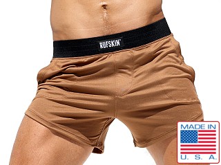 Model in camel Rufskin Hunter Brushed Knit Sport Shorts