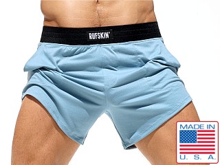 Model in steel blue Rufskin Hunter Brushed Knit Sport Shorts