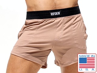 Model in tan Rufskin Hunter Brushed Knit Sport Shorts