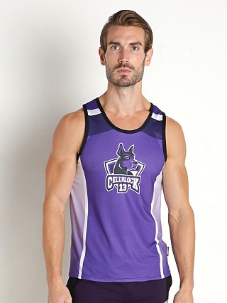 Model in purple Cell Block 13 All Access Tank Top