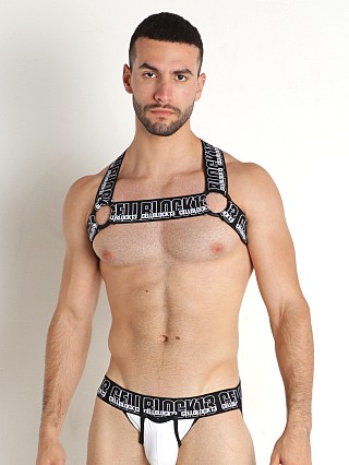 Model in white Cell Block 13 Snap-Up Harness