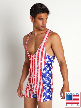 Model in red, white & blue Rick Majors Stars & Stripes Singlet