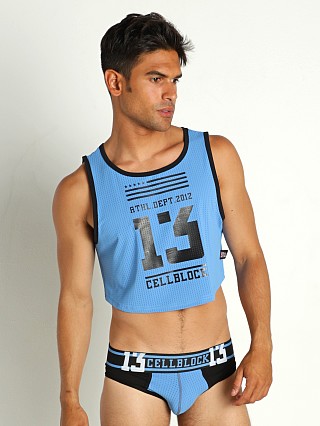 Model in sky blue Cell Block 13 Mesh Relay Cutoff Crop Top Tank