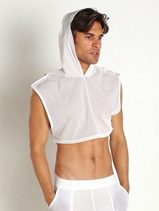 Model in white STUD Pax Cosmic Mesh Cropped Hoodie