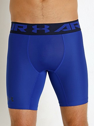 Model in royal Under Armour 2.0 Mesh Front Compression Short