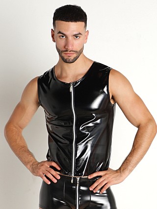 Model in black Manstore Lacquered Leather-Look Zipper Vest