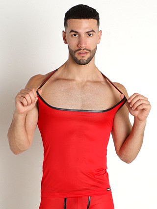 Model in red Manstore Sheer Workout Tank Top