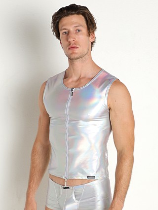 Model in silver rainbow spectrum Manstore Nightclub Zipper Vest