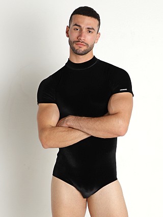 Model in black Manstore Velvet Pullover Bodysuit