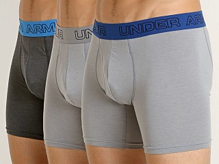 Model in greys Under Armour Cotton Stretch 6" Boxerjock 3-Pack