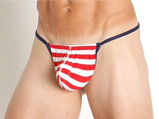 Model in liberty stripe Cocksox Americana Slingshot G-String