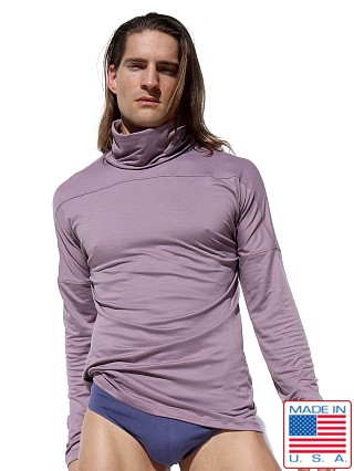 Model in grape Rufskin Zane Longsleeve Kimono Turtleneck Shirt