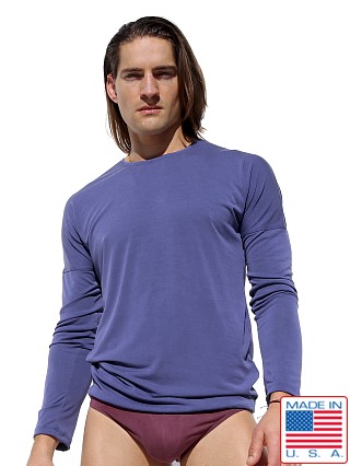 Model in indigo Rufskin Max Longsleeve Kimono Crew Neck Shirt