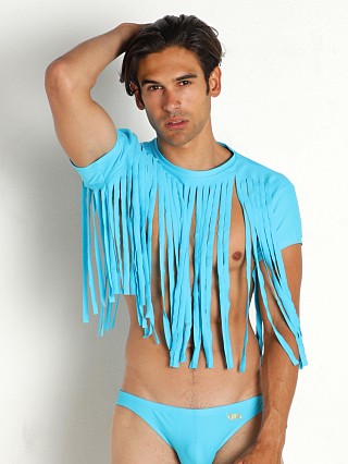 Model in turquoise Vaux Playa Crop Top Tee Shirt