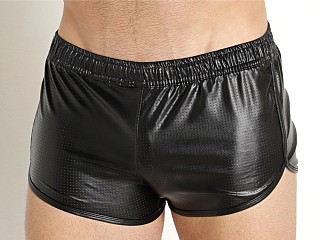 Model in black Skull & Bones Leather Edition Shorts