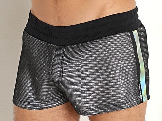 Model in black/silver STUD Strobe Shiny Shorts