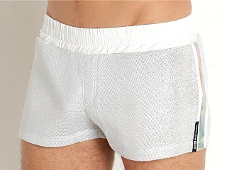 Model in silver/white STUD Strobe Shiny Shorts