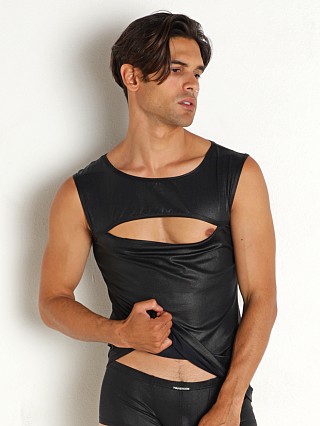 Model in black Manstore Shimmer Cutout Tank