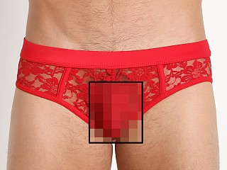 Model in red Tulio Lace Backless Brief