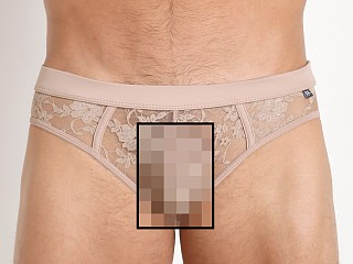 Model in beige Tulio Lace Backless Brief