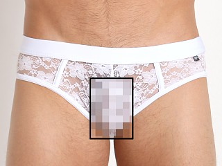 Model in white Tulio Lace Backless Brief