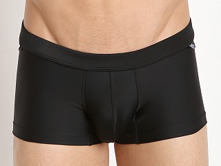 Model in black Tulio Bear Paw Pouch Mid-Cut Swim Trunk