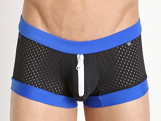 Model in black/royal Tulio Zipper Pouch Mid-Cut Swim Trunk