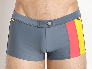 Model in grey/coral/yellow Tulio Flashback Retro Panels Swim Trunk