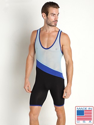 Model in sky blue American Jock Physique Mesh Tri-Color Singlet