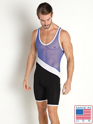 Model in cobalt blue American Jock Physique Mesh Tri-Color Singlet