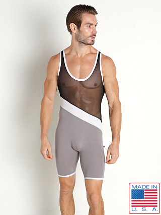 Model in black American Jock Physique Mesh Tri-Color Singlet