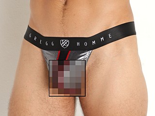 Model in silver Gregg Homme Magnet Transparent Thong