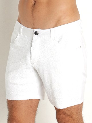 Model in white St33le 5" Stretch Knit Sequin Shimmer Shorts