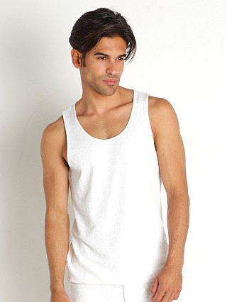 Model in white St33le Front Sequins Stretch Knit Tank Top