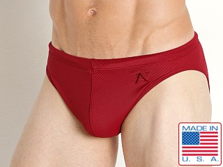 Model in burgundy LASC Nylon Rib St. Tropez Low Rise Swim Brief