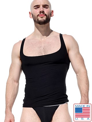 Model in black Rufskin Triston Brushed Knit Low-Chest Tank Top