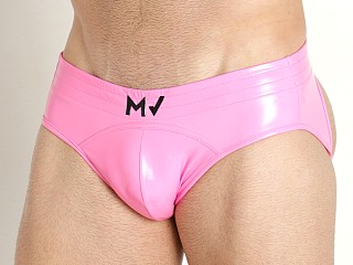 Model in neon pink Modus Vivendi Shiny Vinyl Line Backless Brief