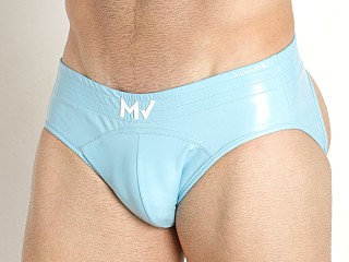 Model in light blue Modus Vivendi Shiny Vinyl Line Backless Brief