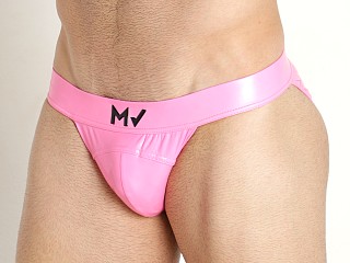 Model in neon pink Modus Vivendi Shiny Vinyl Line Tanga Sports Brief