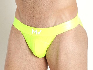 Model in neon yellow Modus Vivendi Shiny Vinyl Line Tanga Sports Brief