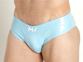 Model in light blue Modus Vivendi Shiny Vinyl Line Brief