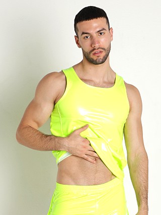 Model in neon yellow Modus Vivendi Shiny Vinyl Line Tank Top