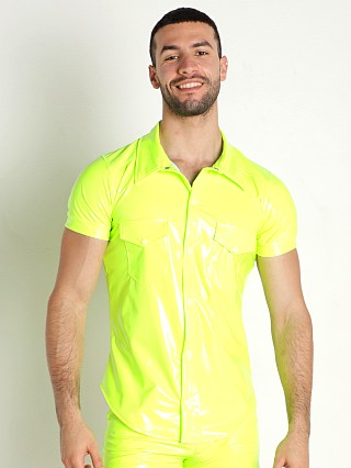 Model in neon yellow Modus Vivendi Shiny Vinyl Line Short Sleeve Shirt