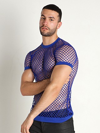 Model in blue Modus Vivendi Fishnet Mesh T-Shirt