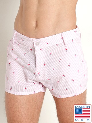 Model in pink flamingos LASC Seersucker 3" Shorts