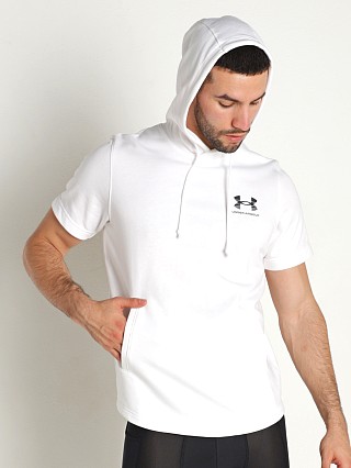 Model in white/black Under Armour Rival Terry Short Sleeve Hoodie