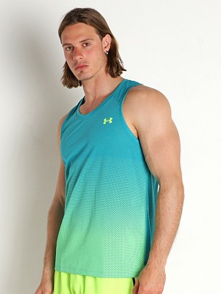 Model in coastal teal/lime surge Under Armour Streaker Tank Top