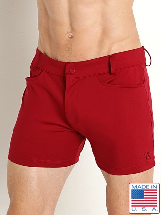 Model in scarlet LASC Retroactive Scouting Shorts