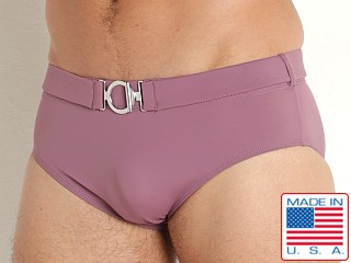 Model in mauve Rick Majors Retro Belted Swim Brief