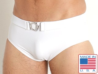 Model in white Rick Majors Retro Belted Swim Brief